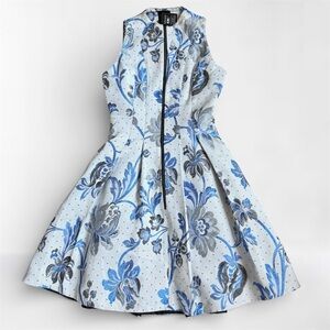 CUE Blue Floral Jacquard Fit & Flare Dress Size 2 US